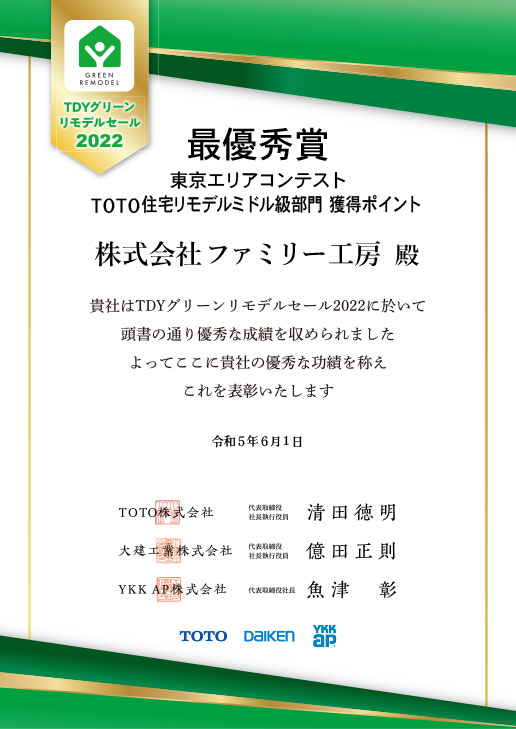 最優秀賞東京エリアコンテストTOTO住宅リモデルミドル級部門　獲得ポイント