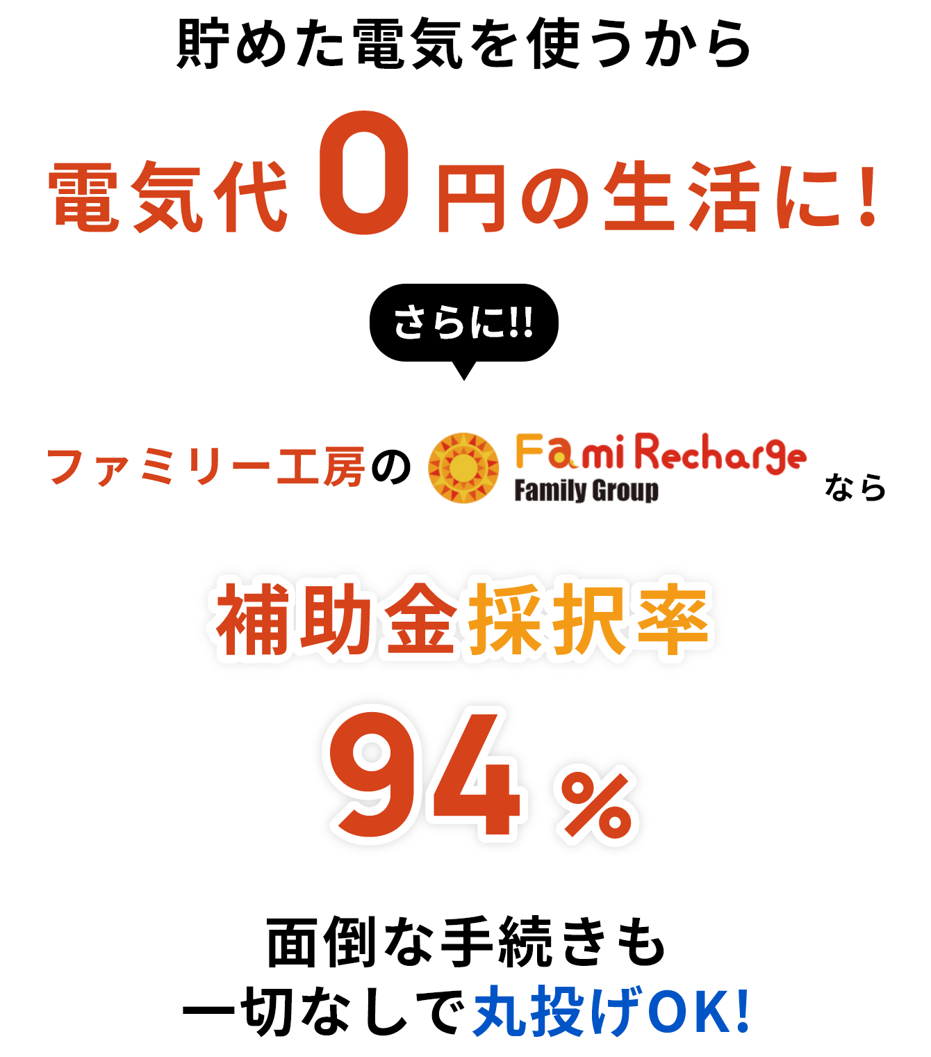 貯めた電気を使うから電気代0円の生活に！さらに!!ファミリー工房のFamiRecharge Family Groupなら補助金採択率94%面倒な手続きも一切なしで丸投げOK！