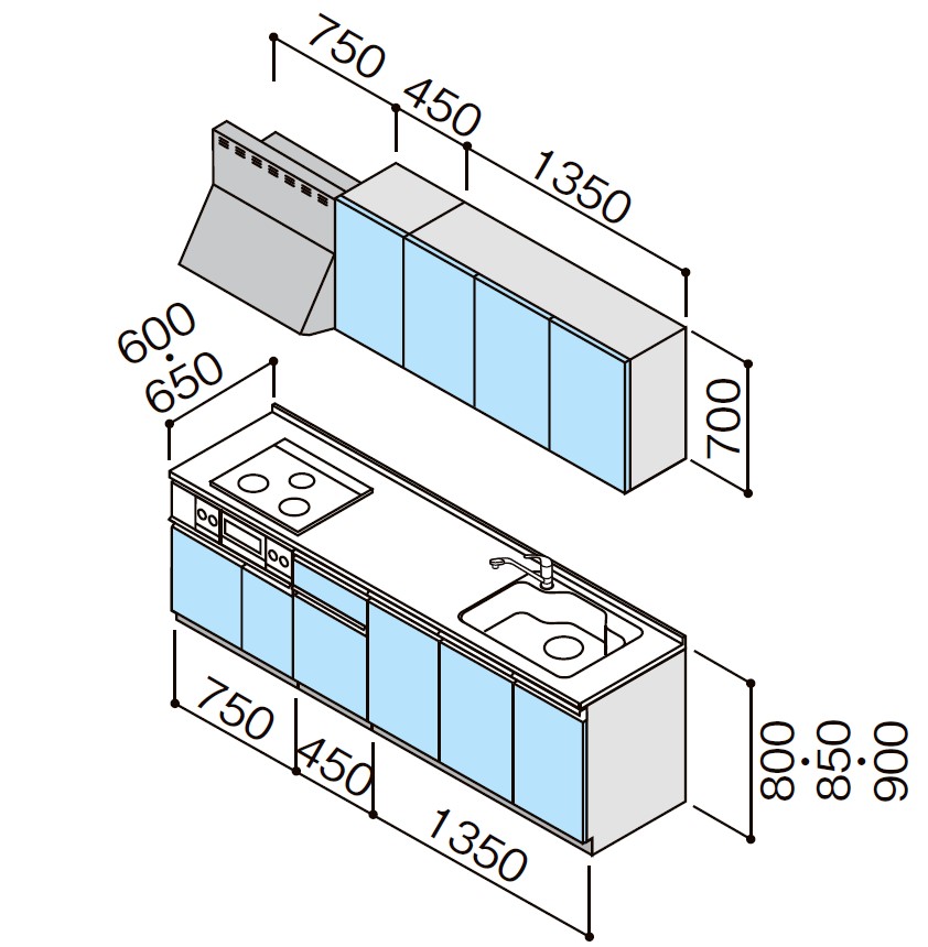 クリナップ　ラクエラ　I型　間口255cm(TUシンク)　開き扉プラン